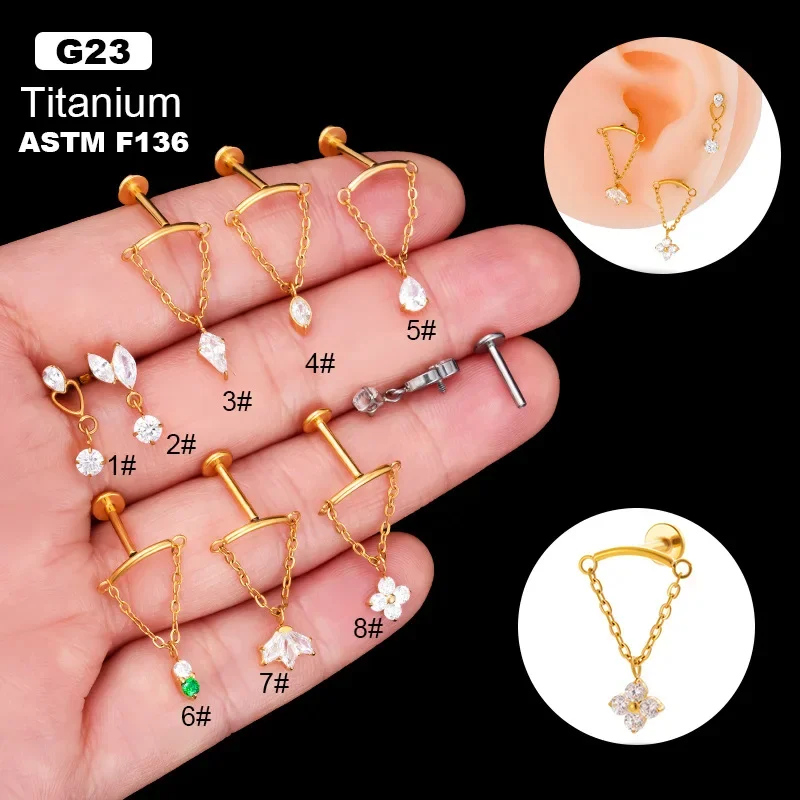 

1pc New 16G*8mm G23 Titanium Steel Labret Flat Zircon Pendant Earrings for Women Ear Stud Cartilage Piercing Jewelry Earrings