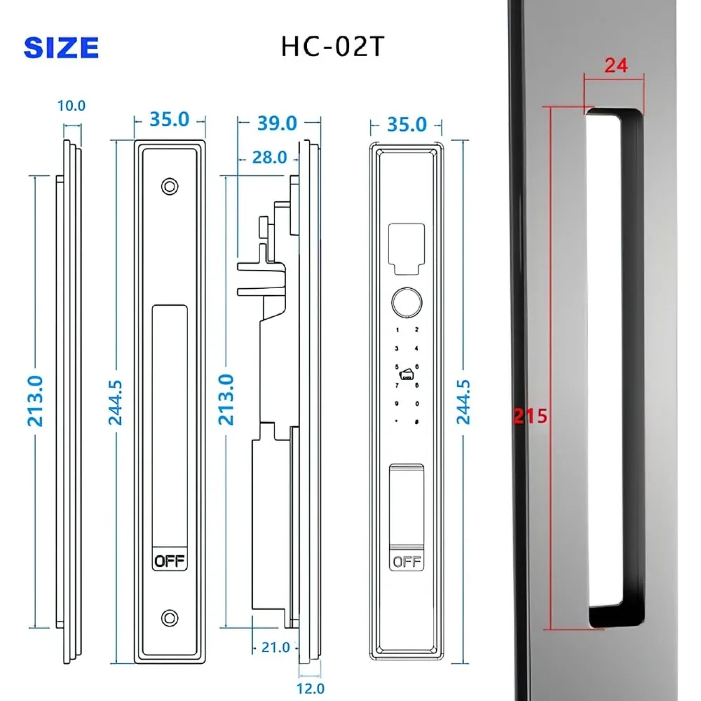Smart Lock per porte e finestre scorrevoli |   Ingresso 5 in 1: impronta digitale, password, scheda, chiave, app |   Batteria ricaricabile |   Temperatura estrema