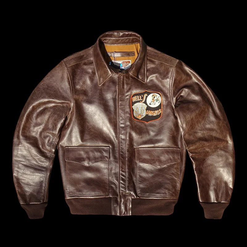 

Версия военного повреждения HellAngels Distred Leather Jaet Oil Wax Cowhide A2 Flight Jaet ort Sle American Casual Faion