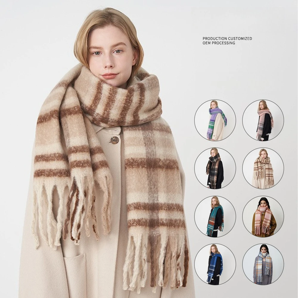 

Новый зимний мохеровый шарф радужного цвета, имитирующий кашемир, кашемировая шаль в клетку в стиле ретро и накидки, ветрозащитные вязаные женские шали с запахом