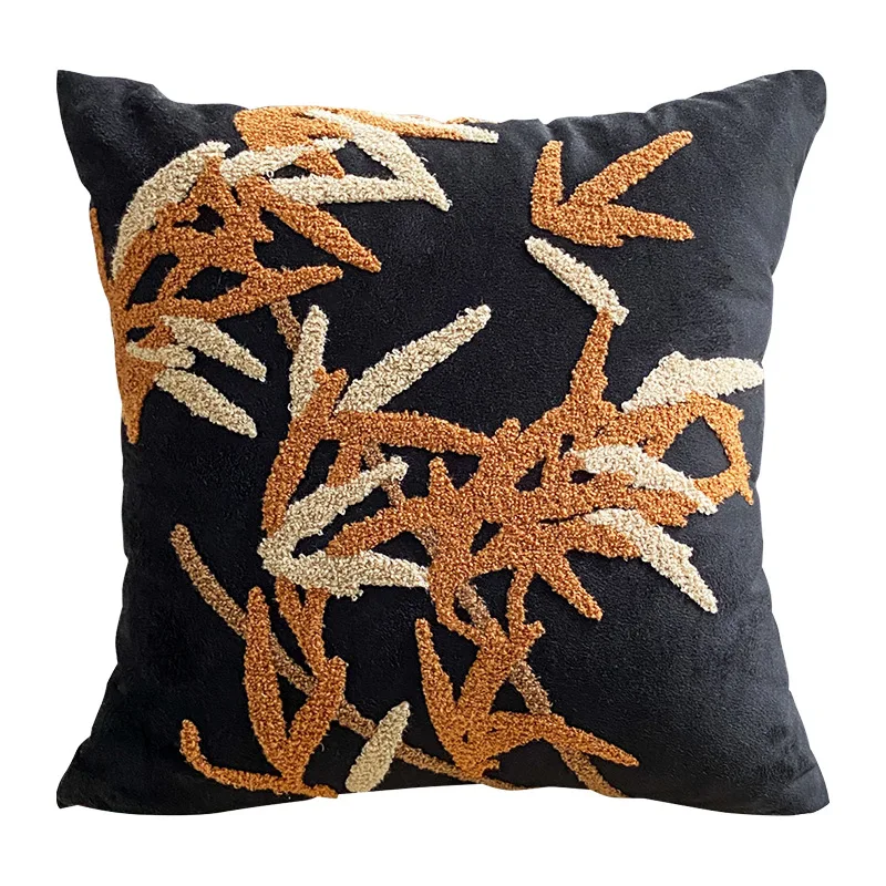 Polyester Velvet Floral Embroidery Black Throw Pillow Cover Decorative Back Cushion Cover for Sofa Office Baby Room Home Decor
