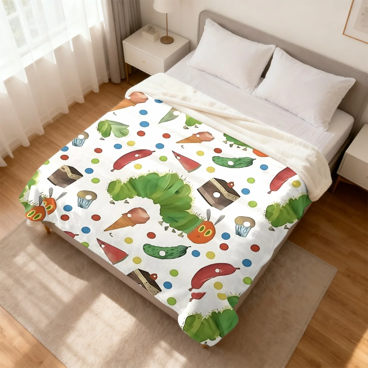 Cute Hungry Caterpillar Fruit Dessert Dotted Warm Flannel Blanket, Cartoon Kids Print for Sofa Bedroom Camping Children Home