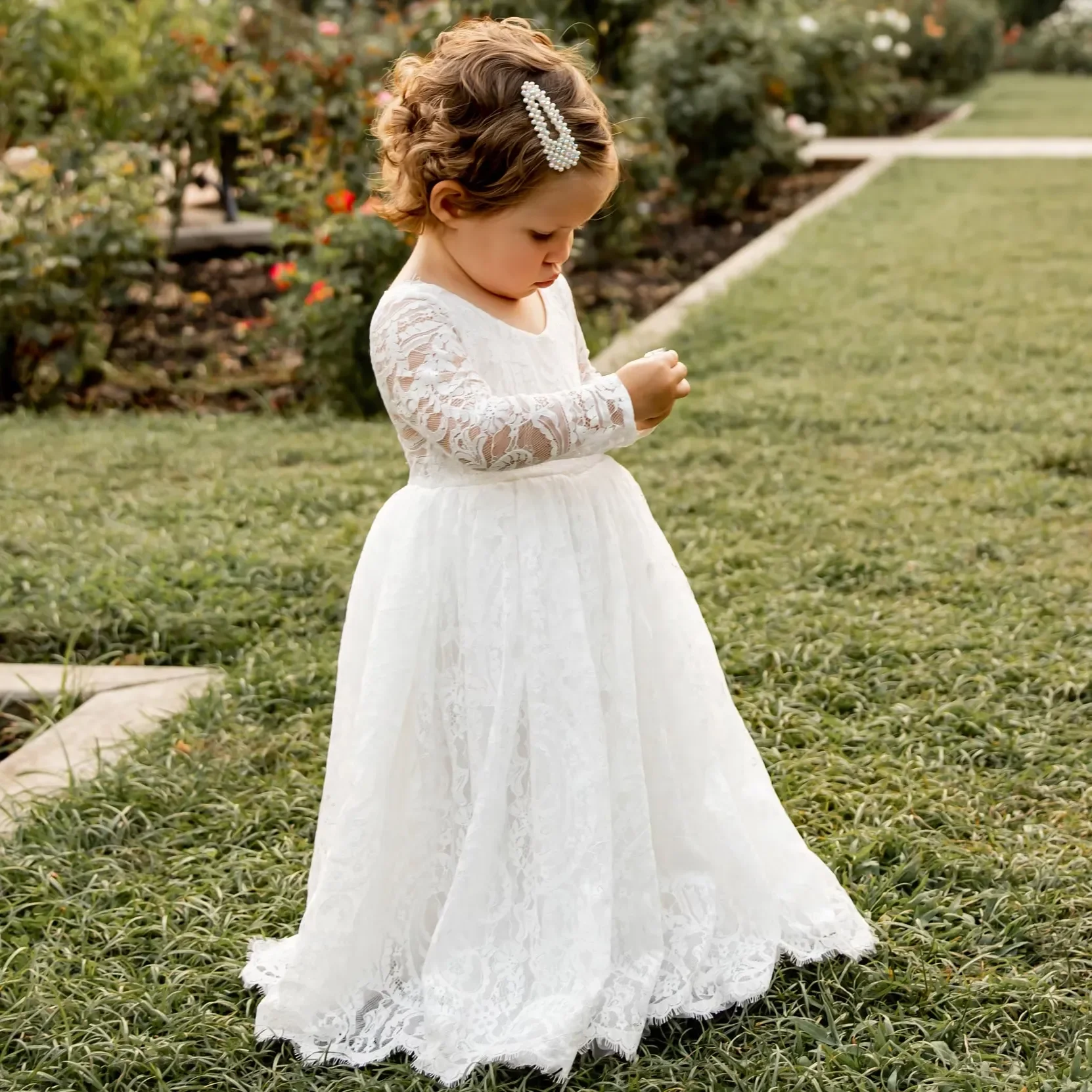 Vestido de manga larga de encaje blanco bohemio para niña, vestido elegante de flores para boda, vestido de noche para primer baile eucarista