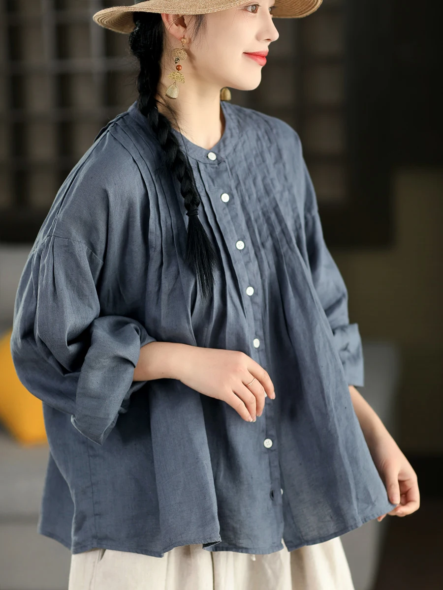 

Retro Washed 100% Linen Shirt Women's Heavy Work Accordion Pleat Shirt Stand Collar Long Sleeve Spring Style Breathable Comfo...