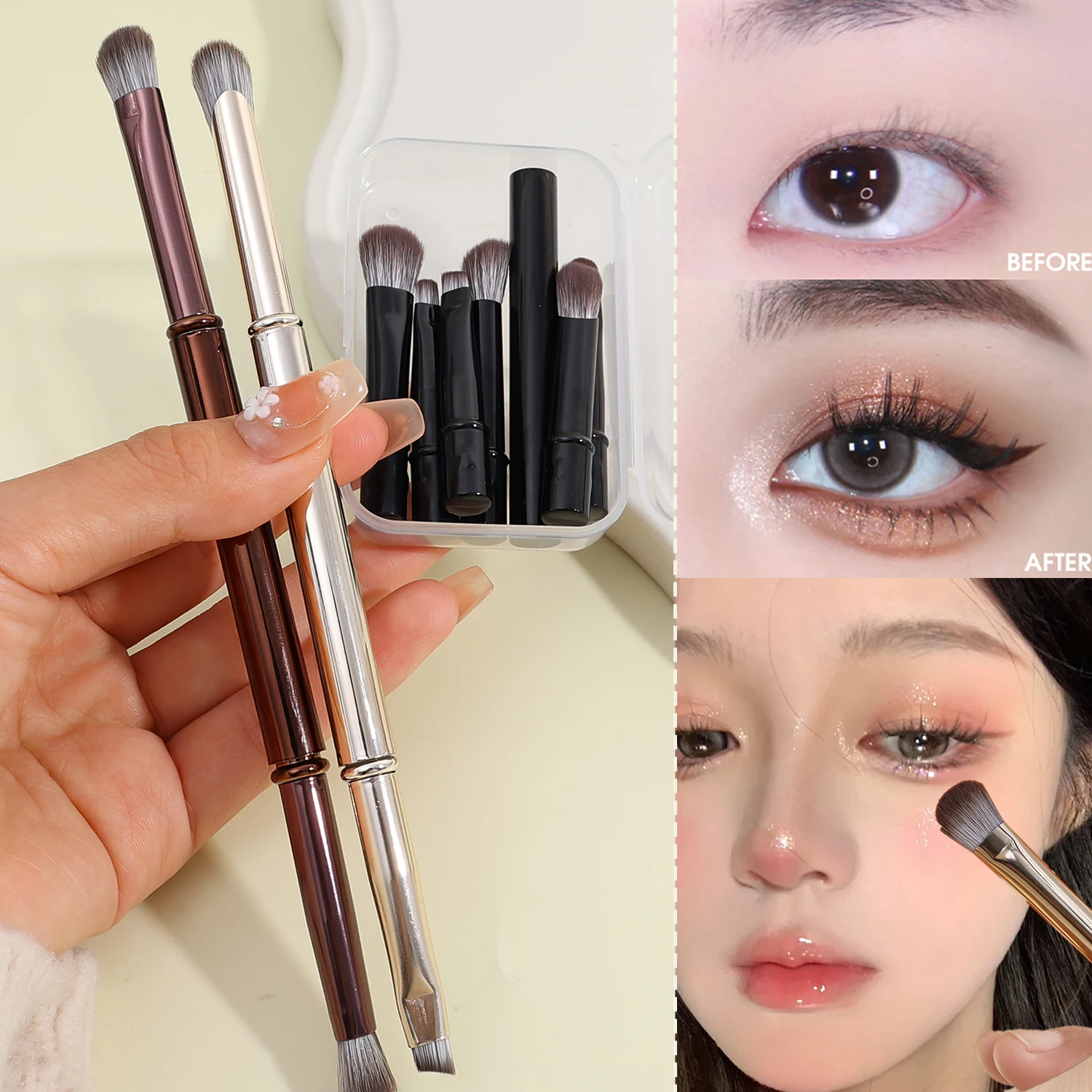 Juego de brochas de maquillaje portátiles, 6 uds., para Mini sombra de ojos profesional, sombra de nariz, cepillo de ángulo de contorno, herramientas cosméticas de viaje