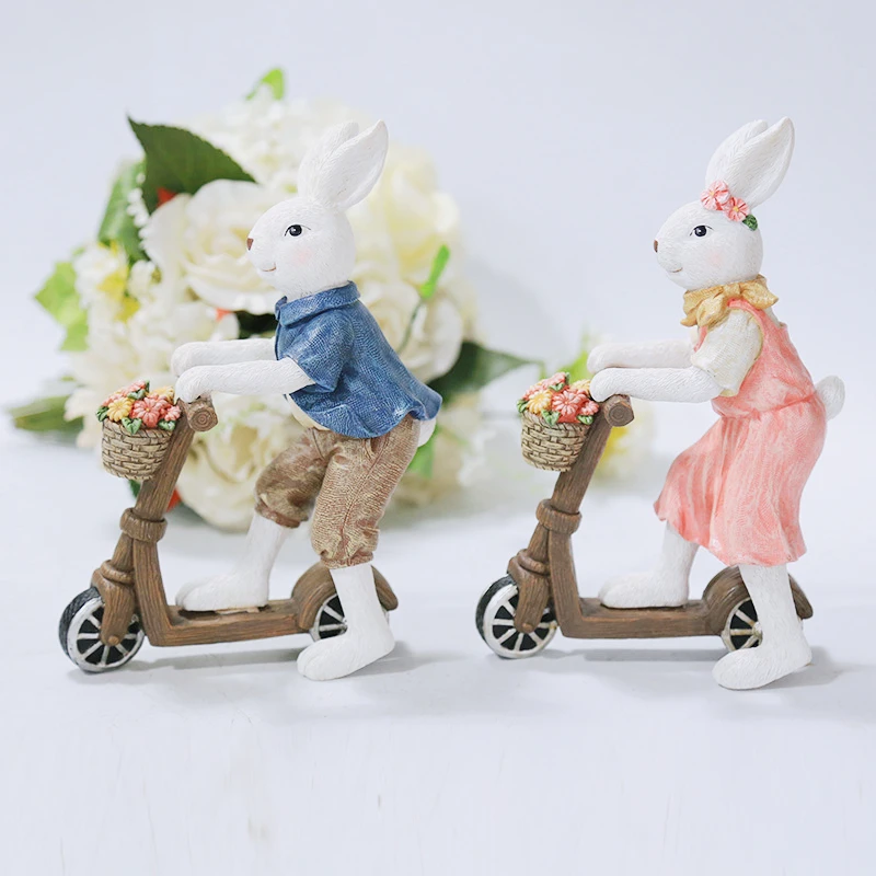 

Creative Easter Gifts Home Decor Ornament Resin Bike Ride with Flower Basket Rabbit Easter Decorative Sculpture