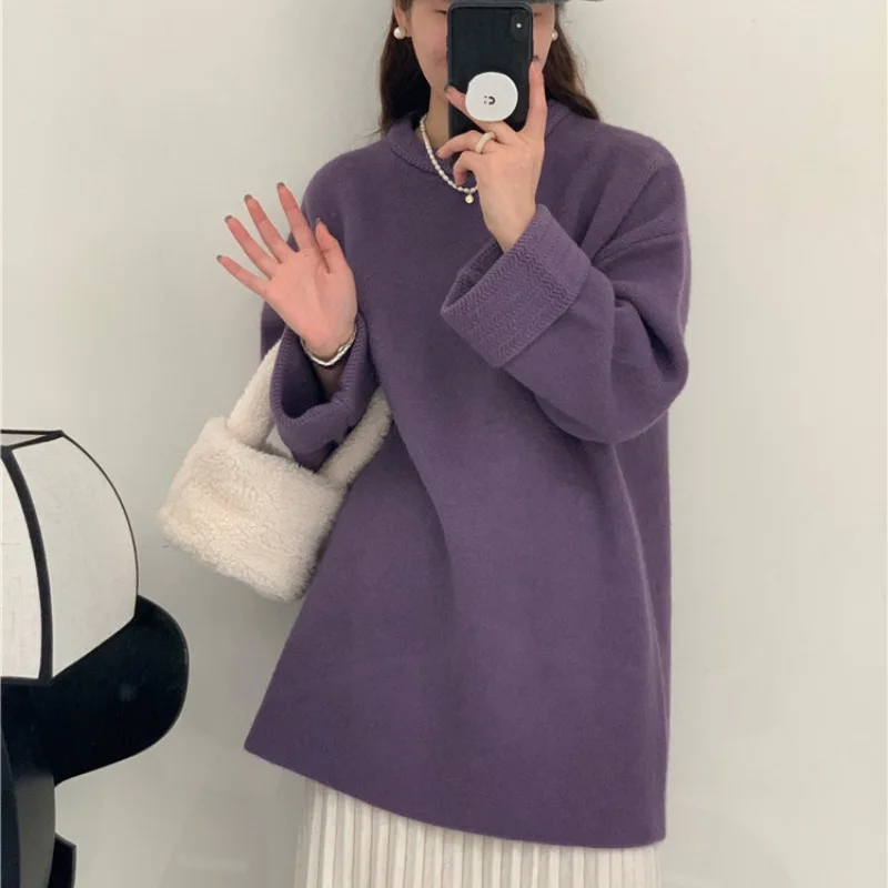 Korean Women Loose Knit Sweater Winter Mid Length Knitwear Vintage Solid Oversized Pullover Autumn Turtleneck Sweater