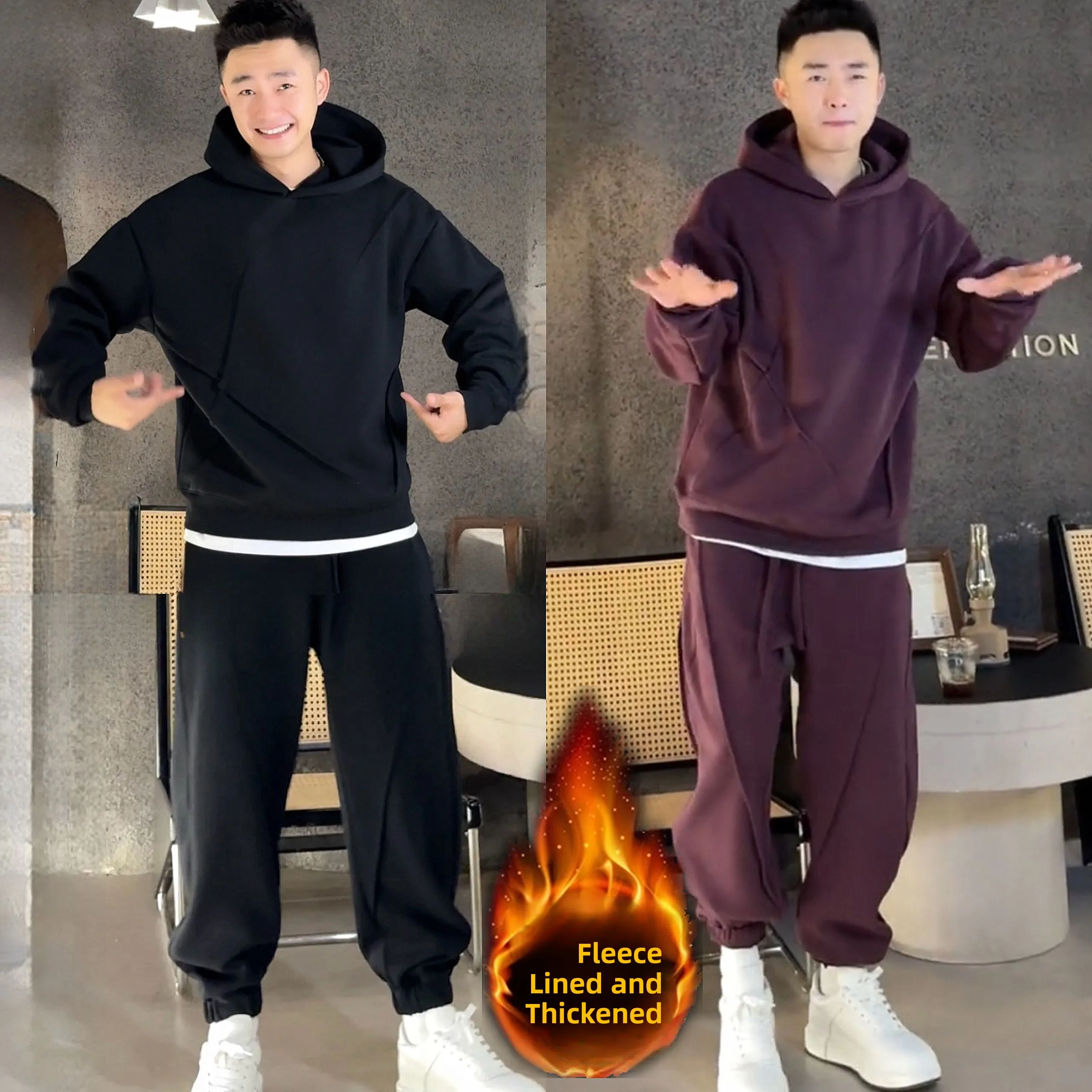 

Men's Fce Lined Thiened Casual Loose Hoodie And Pants Set Autumn Winter New Sle Heavyweight Trendy Pure Color Couple O...