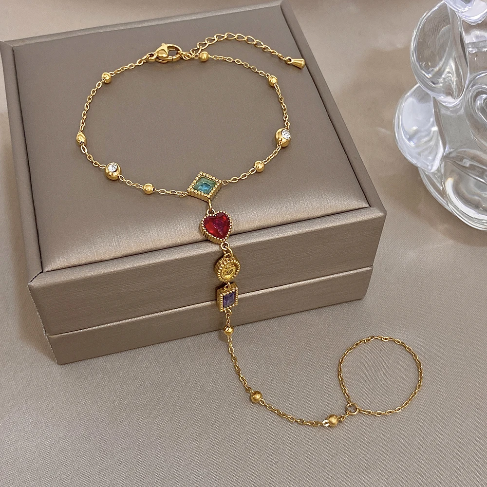 Retro Geometric Colorful Zircon Bracelet for Women Gold Plated Stainless Steel Link Connected Finger Ring Bracelets Hand Jewelry