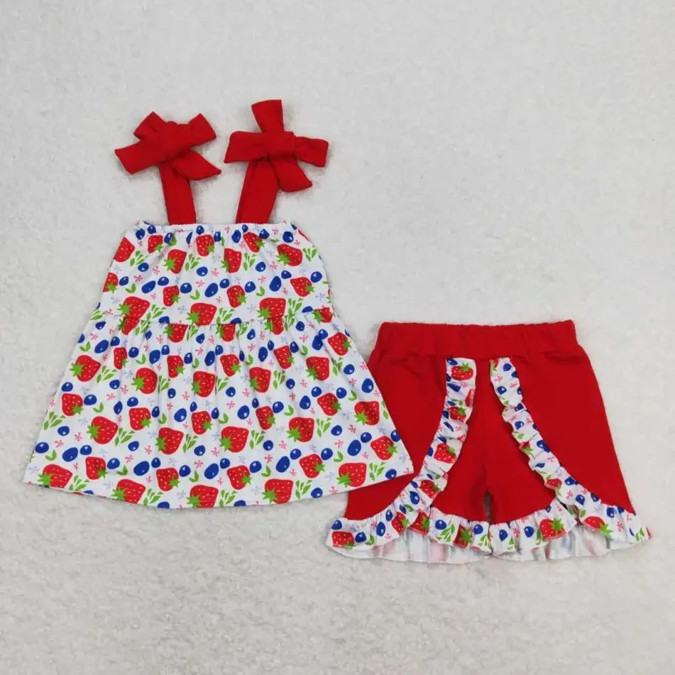 

Rts Wholesale Summer Clothing Girls Strawberry Blueberry Short Sleeve Top Shorts Children 2Pcs Baby Girls Sets Kid Clothes New