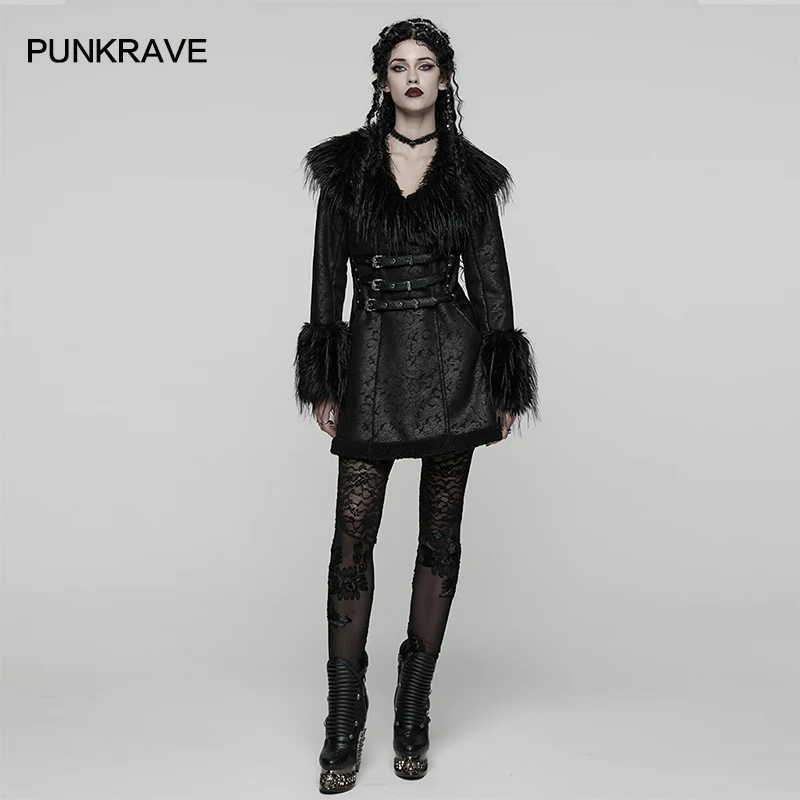 

Женское пальто PUNK RAVE в готическом стиле с плюшевым воротником, толстое, экологичное, элегантное, с регулируемыми поясными ремнями на пряжках, теплое