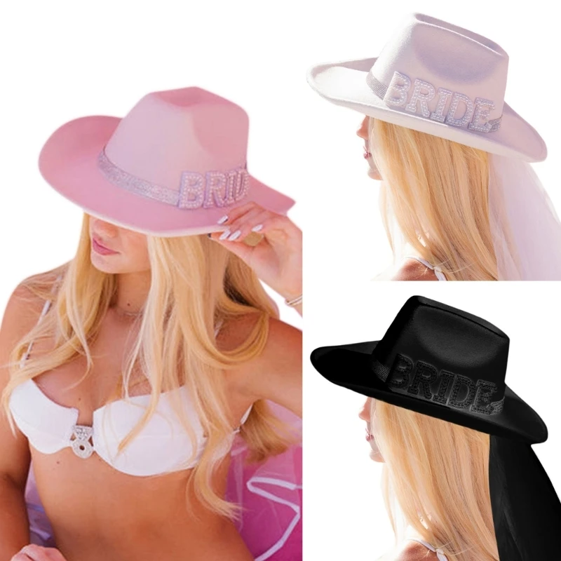 

Woman Hat White Veil Elegant Cowgirl Hat Bride Wedding Party Sunproof Hat N58F