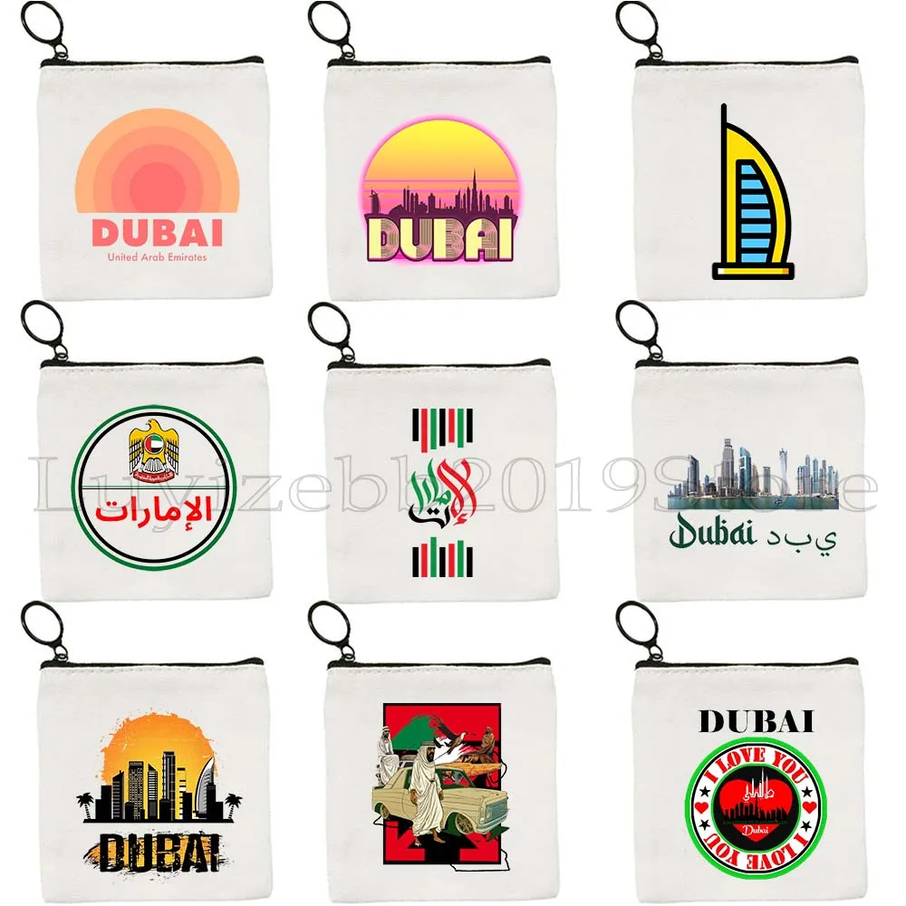 

UAE Emirati Skyscraper Burj Khalifa Heart Dubai United Arab Emirates Palm Canvas Coin Purse Key Case Bag Wallet Zipper Pouch
