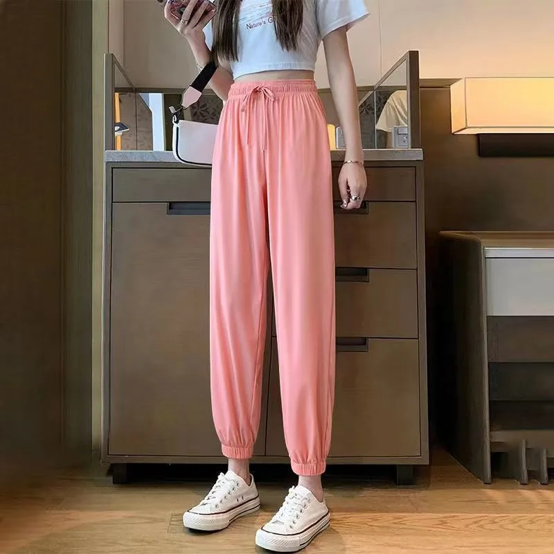 2024 Summer New Korean Loose Casual Ankle-Length Pants Women\'s Solid Color Minimalist High Waist Drawstring Straight Harun Pants