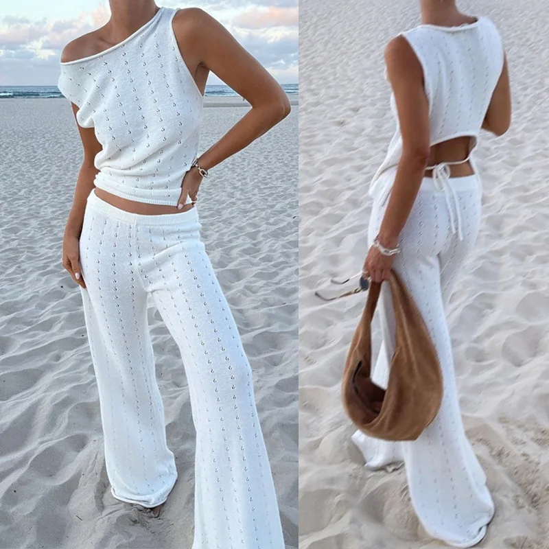 

Sleeveless vest casual trousers beach wind knitted hollow temperament women's suit