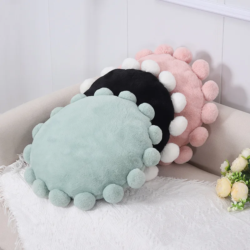 New Faux Rabbit Velvet Pillow with Hair Balls Solid Soft Circular Chair Cushion for Office All Season Universal Body Cushion Pad