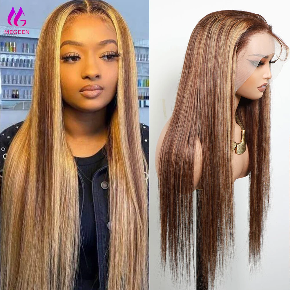 

Megeen 100% Human Hair Lace Frontal Wig Straight 13X4 Lace Front Wig Human Hair Pre Plucked Honey Blonde Highlight P4/27 Colored