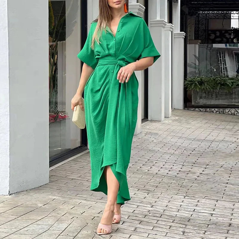 Chic Solid Button-up Draped Shirt Dress Women Elegant Lapel Short Sleeve High Waist Lace-Up Long Dresses Office Dress Vestidos