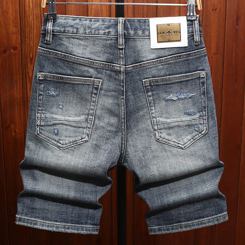 Summer denim shorts, men's ripped patches, scraped retro street trend, fashionable and nostalgic five quarter pants
