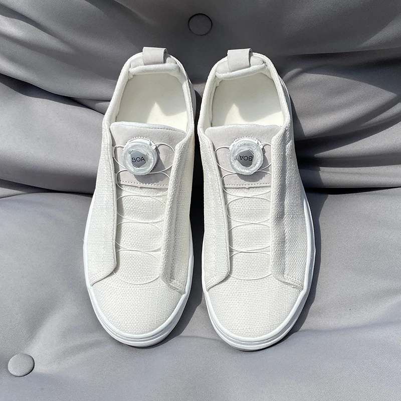 

Large size rice white linen pattern BOA knob lazy board shoes without tie, one foot casual canvas shoes, wide foot friendly comm