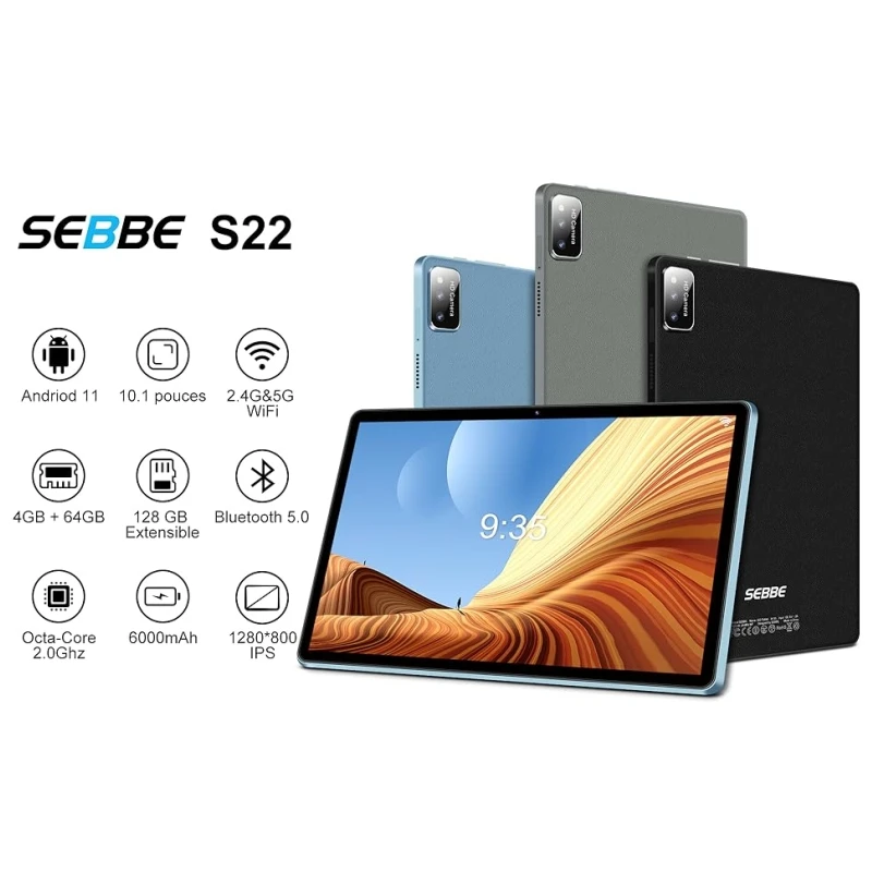 

Планшет S22 10.1 дюйма, Android 11, 4 ГБ ОЗУ + 64 ГБ памяти, две камеры, аккумулятор 6000 мАч, восьмиядерный процессор Sun50iw, разрешение 1280 x 800 пикселей
