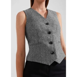 Damen V-Ausschnitt Weste Fischgräten muster Tweed Einreiher Anzug Strickweste Damen ärmellose Jacke Hochzeits feier neuen Stil