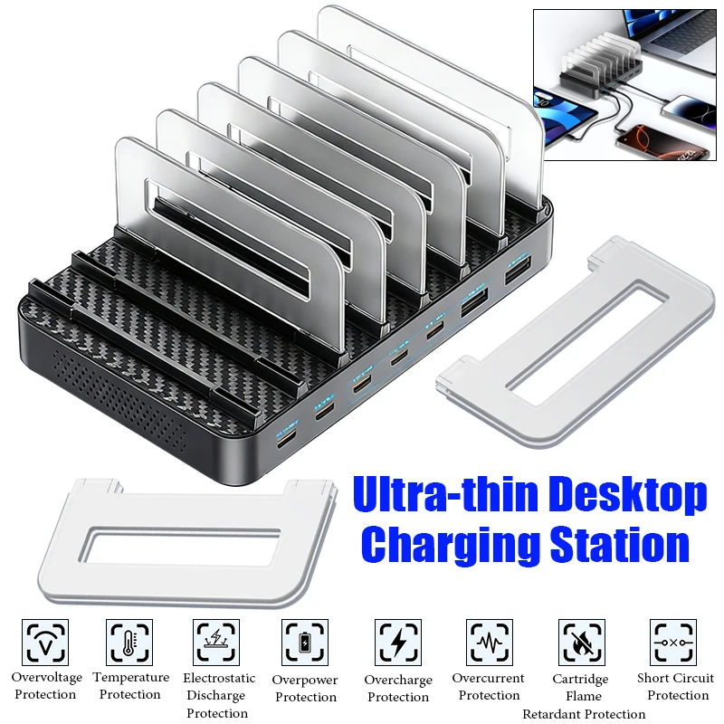 

Настольная зарядная станция GaN высокой мощности 288 Вт, 8 портов USB, многопортовое зарядное устройство с выдвижным кабелем для мобильных телефонов и компьютеров