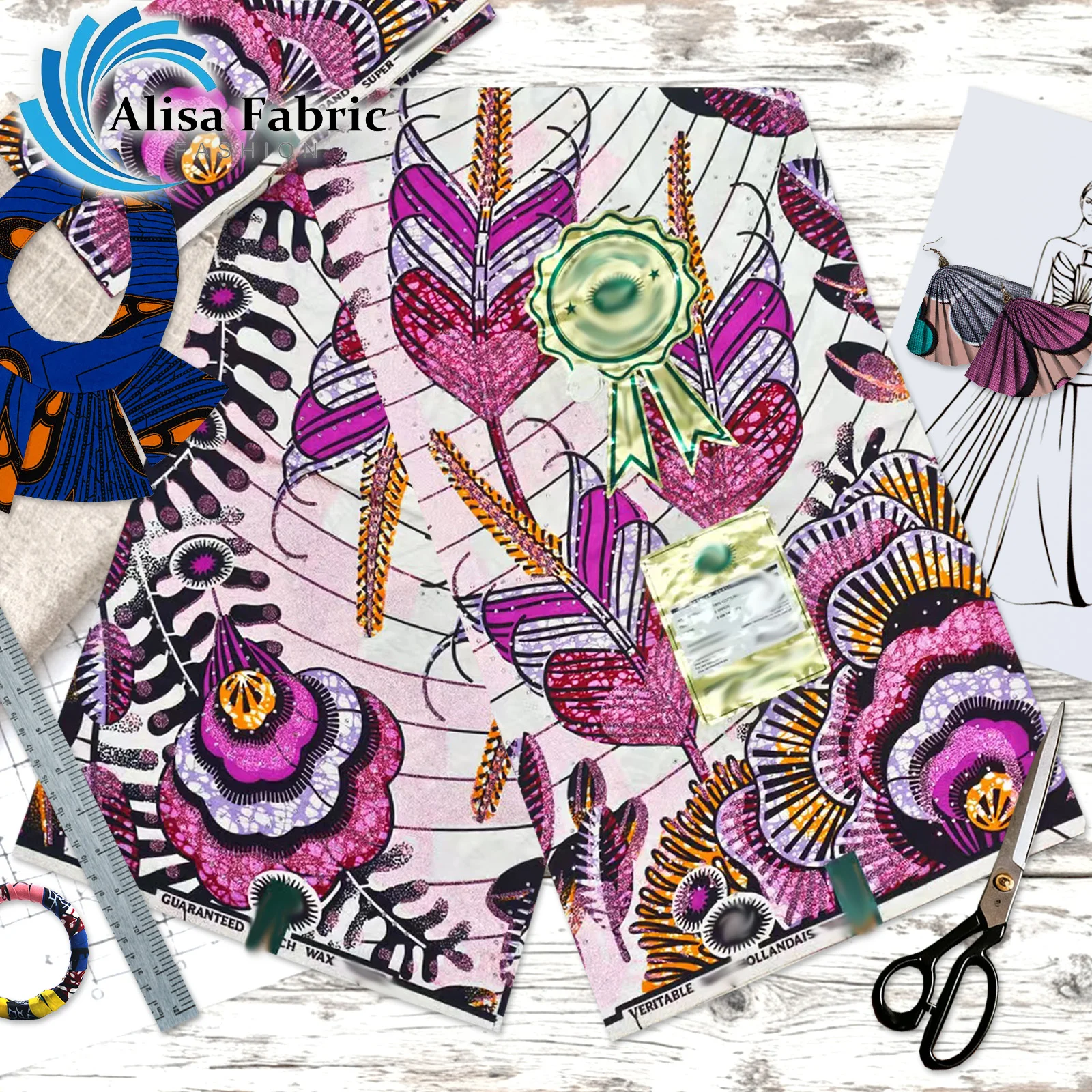 

Latest 2025 grand super hot drilling African fabric wax with stones 6 yards Dutch 100% cotton couture for sewing, Pink