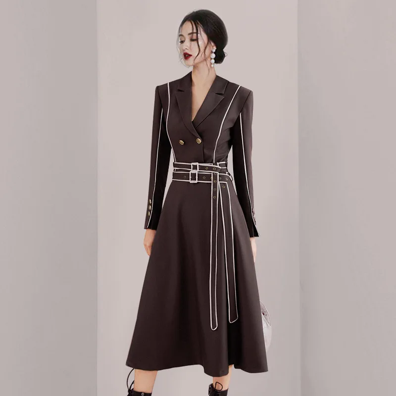 Windbreaker Jacket Long Sleeve Commuter Contrast Color Double Breasted High Waist Slim Long Office Trench Coat