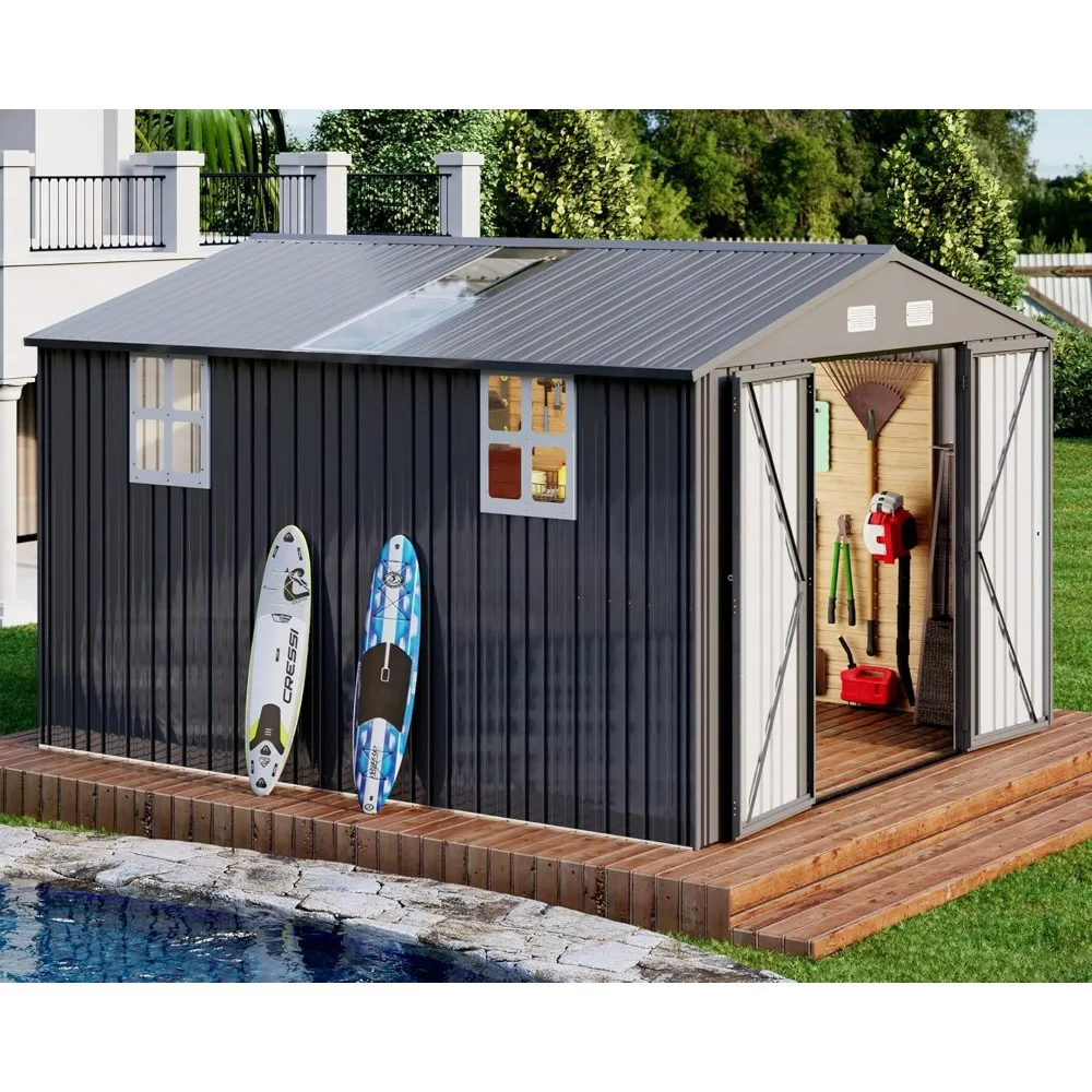 

10.1x11.5x7.4 FT Galvanized Steel Storage Shed with 2 4-Pane Windows Hinged Double Doors, for Backyard, Garden, Outdoor Sheds
