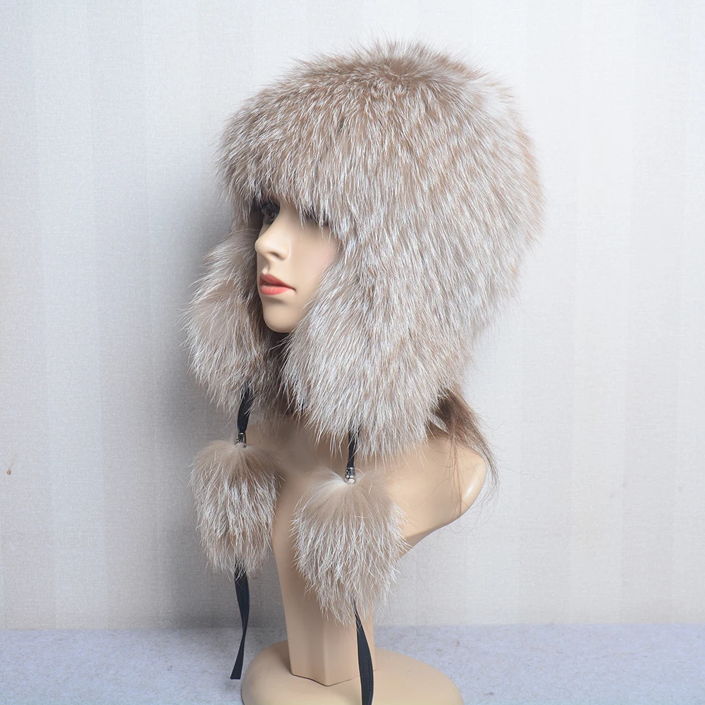 Real Fox Fur Pompom Bomber Hats Russian Female Beanies Natural Raccoon Fur Hat Knitted Skullies Beanies Women's Cap Winter Hats