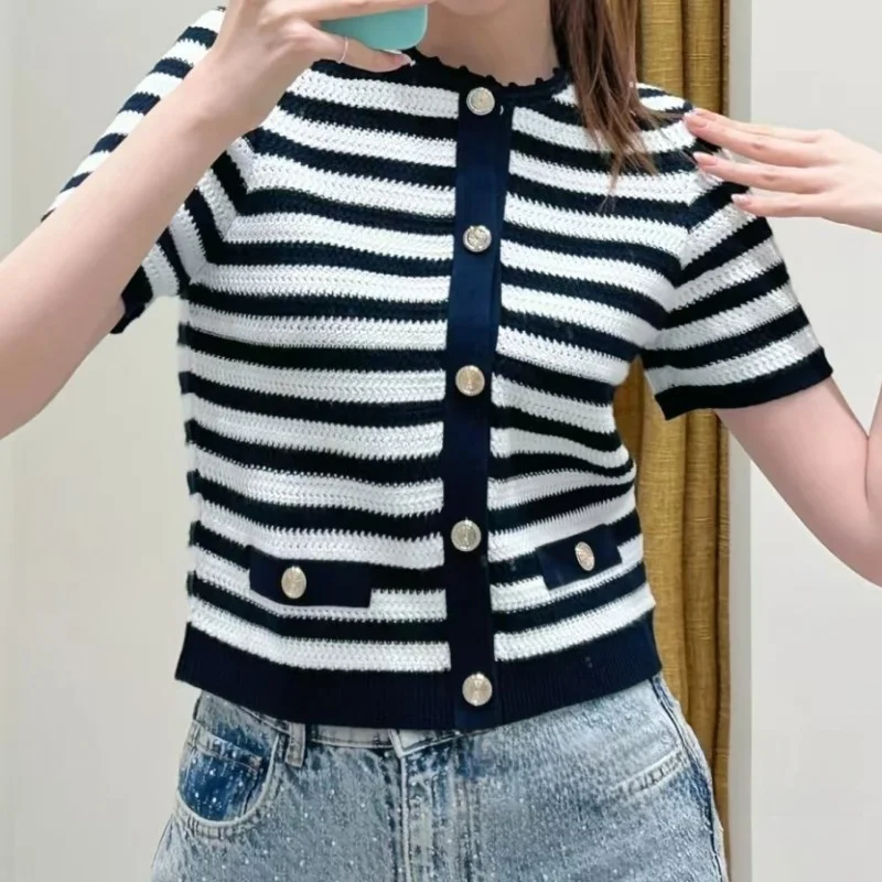   أوائل الخريف Bla الأبيض مخطط ort محبوك سترة مفتوحة Svel سترة Faionable Commute Sle المرأة متماسكة...