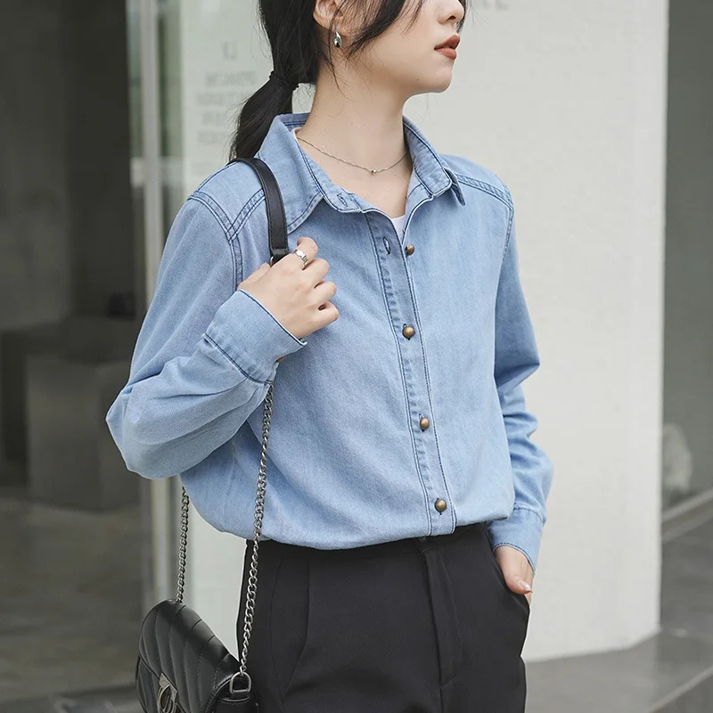 2024 New Autumn Blue Denim Shirt Jacket Korean Retro Joker Loose Long Sleeves for Small People