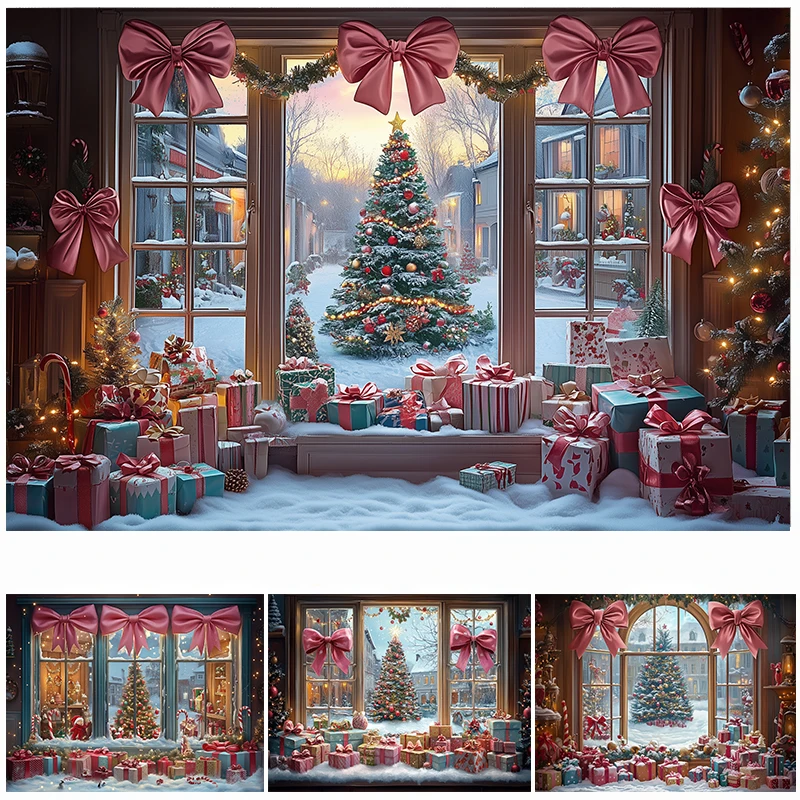 

LS Photography Background Winter Christmas Village Pink Shop Windows Xmas Tree Gift Decor Family Portrait Photo Backdrop Studio