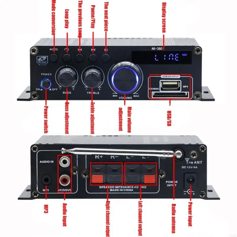 Bluetooth-compatible 5.0 HiFi Stereo Amplifier 60Wx2 2.0CH Receiver With Remotes Control USB Playbacks For Car Speakers 896C