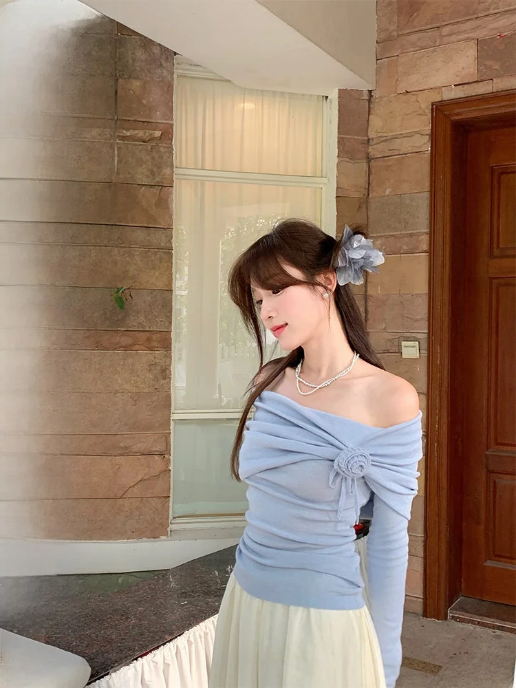 

Blue Flower One-Shoulder Knitted Sweater Women's Gentle Slimming Korean Style Long Sleeve Crew Neck Pullover Autumn Fashion