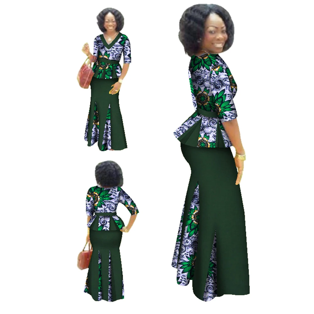 Traditional African Clothing 2 Piece Set Women Clothes Half Sleeve Maxi Dress Dashiki African Print Skirt free Scarf 6XL WY1435