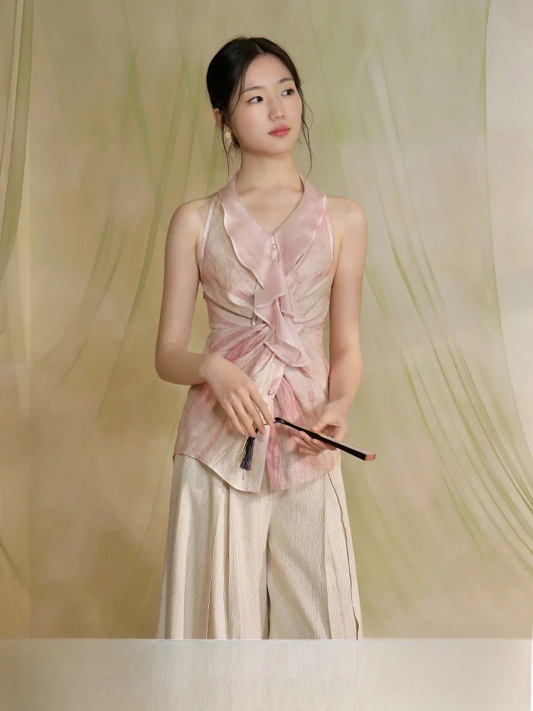 

Оригинальный дизайн, женская блузка из чистого льна с принтом, свободного кроя, дышащая, с эффектом похудения, с вырезом V-образной формы, с эффектом окрашивания, для повседневной носки