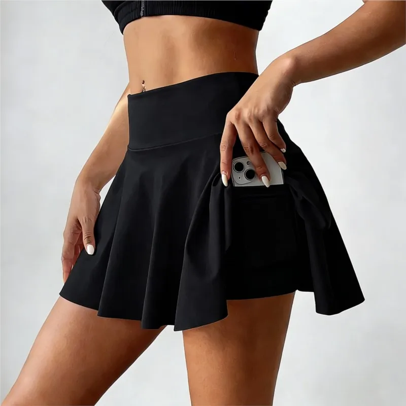Women's Elasticity High Waist Pleated Skirts Safety Shorts With Pocket Mini Skirt Comfortable Movement Solid Tennis Yoga Skirt