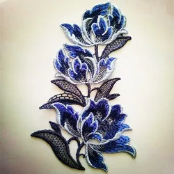 2Pcs/Lot 16*7cm Shiny Blue Navy Mixed Hollow Gradient Sewing Motif Venise Lace Applique for Garment Embroidery Lace Patches