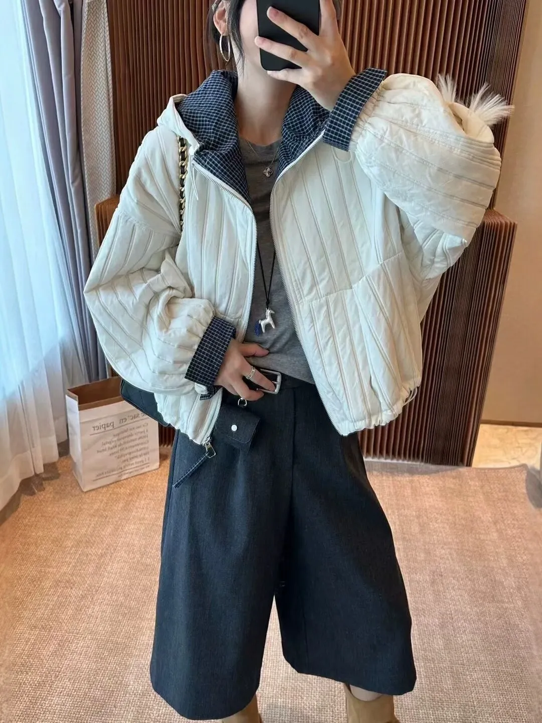 Lightweight Hooded Quilted Short Jacket Women's Plaid Splicing Cotton Jacket Thin Cotton Coat Casual Wear Spring Autumn