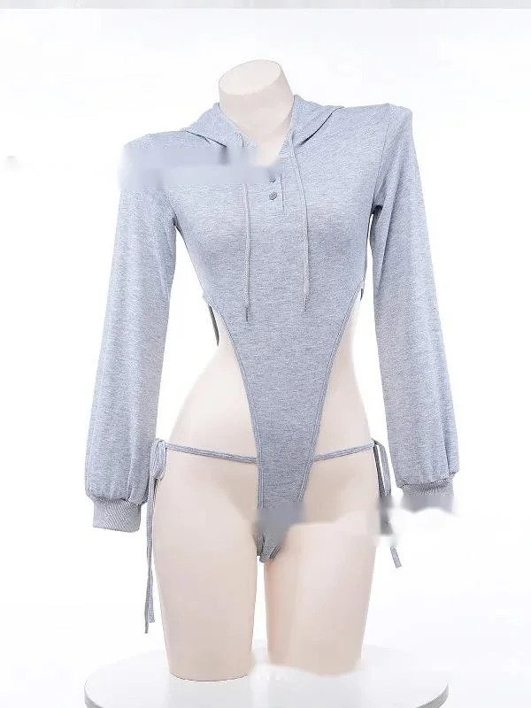 Sexy concealed crotch long sleeved hollowed out straps hooded hoodie uniform grey one-piece women rompers summer clothes new 5RK