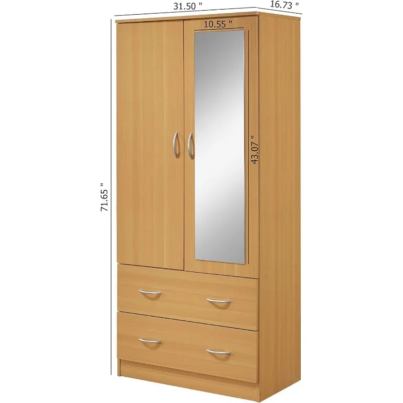 Armário de madeira 2 portas para quarto, com haste de roupa pendurada dentro do armário e 2 gavetas para organização de armazenamento