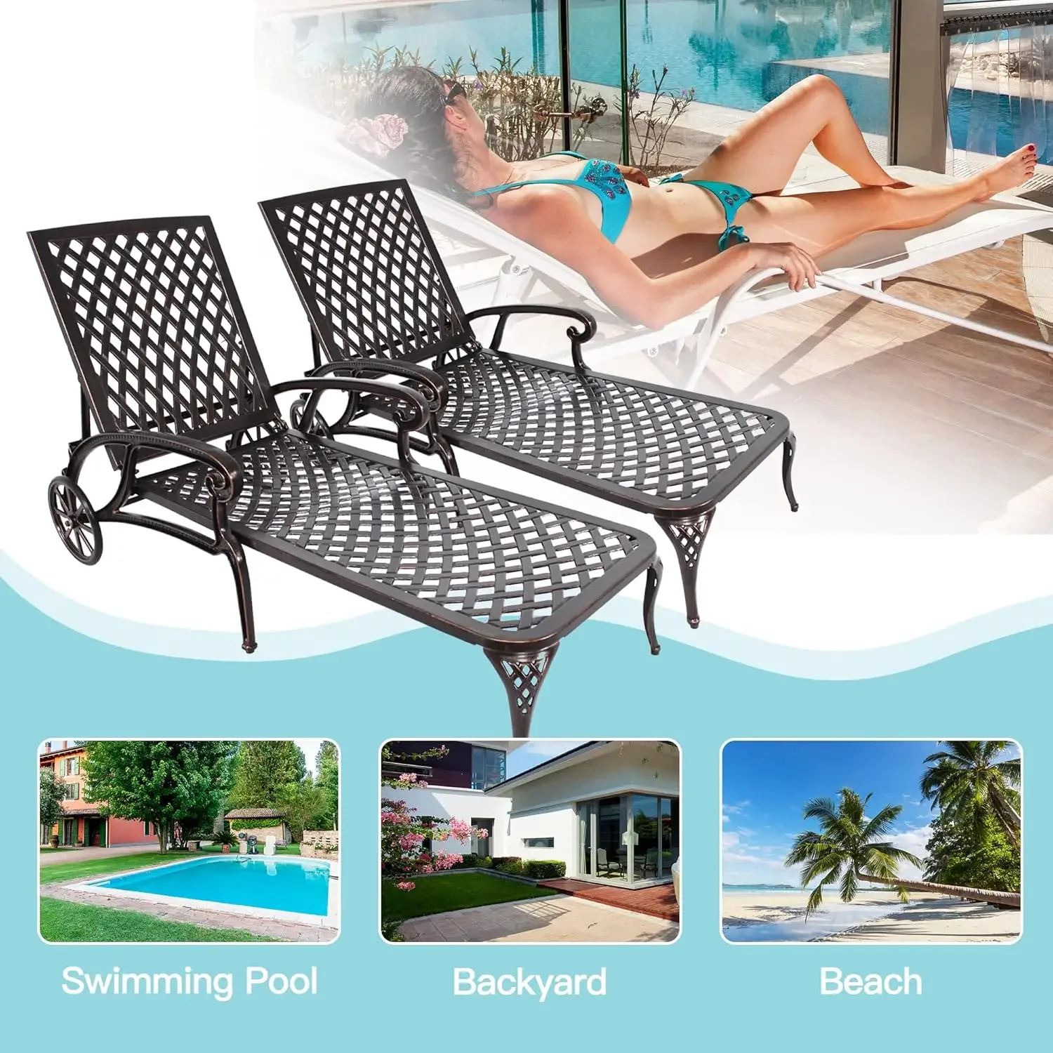[New Arrival, Limited Stock!]Chaise Lounge Chair Outdoor, Poolside Lounger Set of 2 Cast Aluminum Tanning Chairs with Adjustable