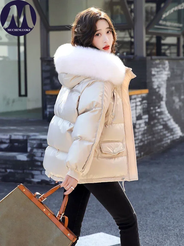 White Duck Down Hooded Jacket with Fur Collar for Women Short Parkas Slim Fit Glossy Warm Coats Korean Fashion Autumn Winter New