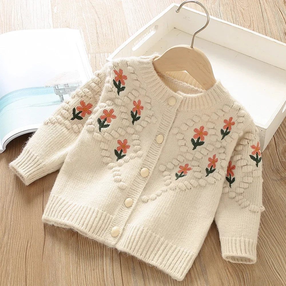 Baby-Strickjacke für Mädchen im koreanischen Stil – bezaubernder Strickpullover mit Blumenstickerei für den Frühling, weiche, leichte Jacke mit offener Vorderseite