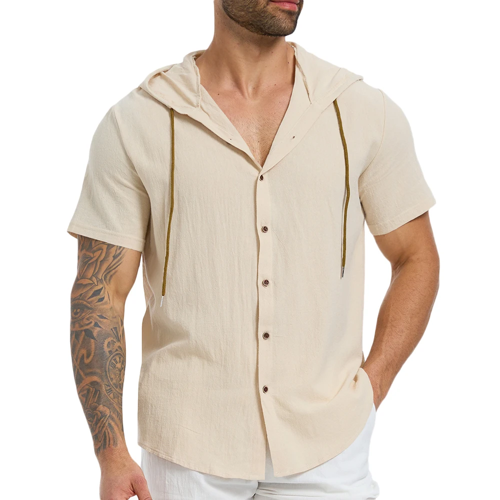 

Men's Short Sleeve Cotton Linen Shirts Fashion Hooded Drawstring Solid Color Streetwear Single Breasted Casual Summer Tops