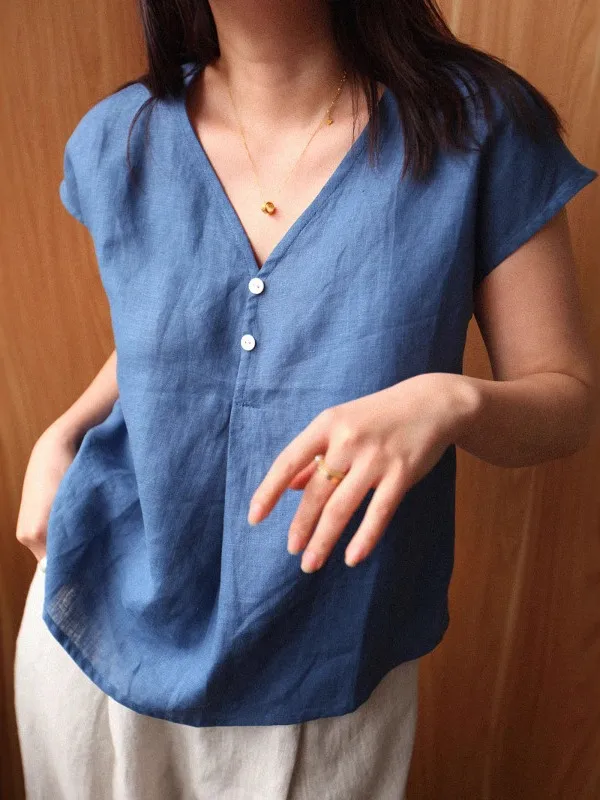 Casual Cotton Linen ort Sve irt Women's Summer Thin Loose Slimming V-Ne Cotton Linen Small Top Upper Body