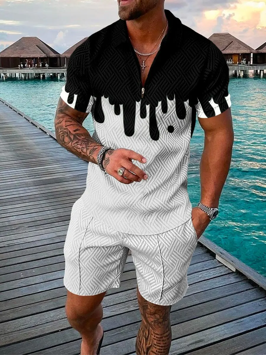 Men Sets Athleisure Short Sleeve Zipper Polo Shirt Shorts Set 2 Piece Set Summer Men\'s Fashion Short Sleeve Polo Shirt + Shorts