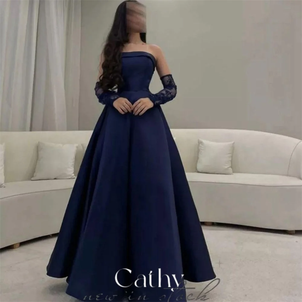 Cathy الأزرق الداكن Vestidos De Noche مع الأكمام القابلة للإزالة الساتان حمالة طول الكلمة فستان حفلة موسيقية 2023 فساتين السهرة